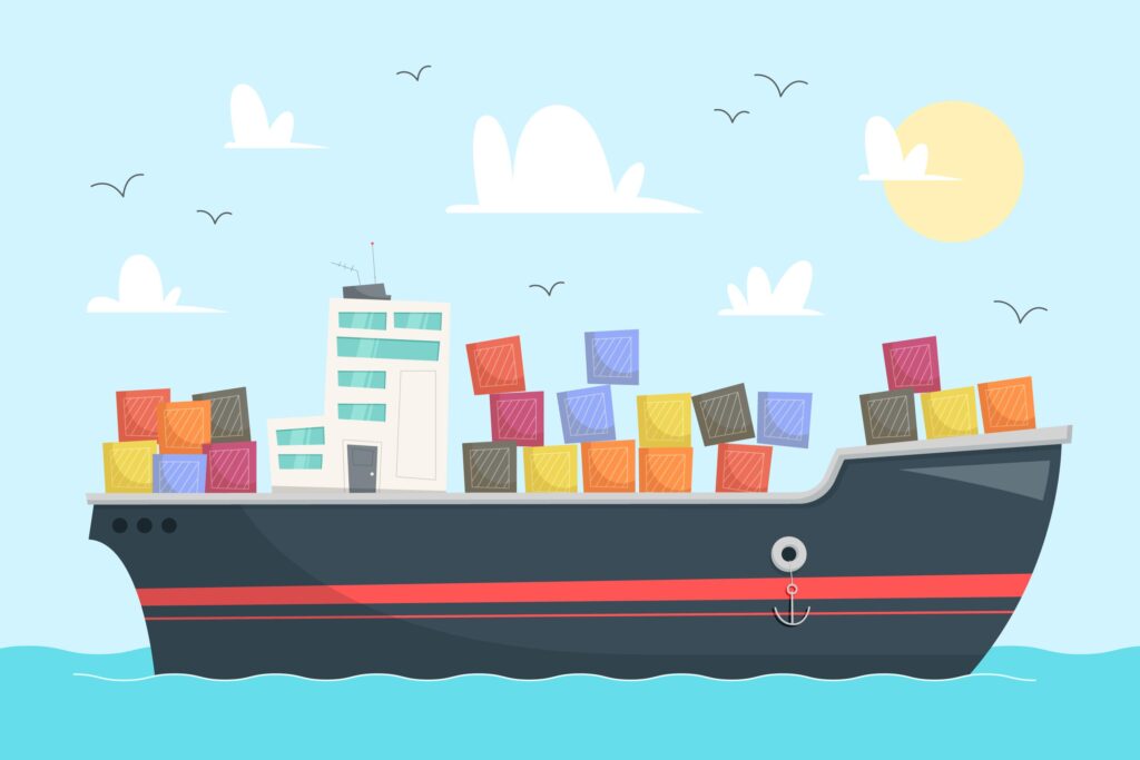 A cartoon ship illustrating merch shipping worldwide.