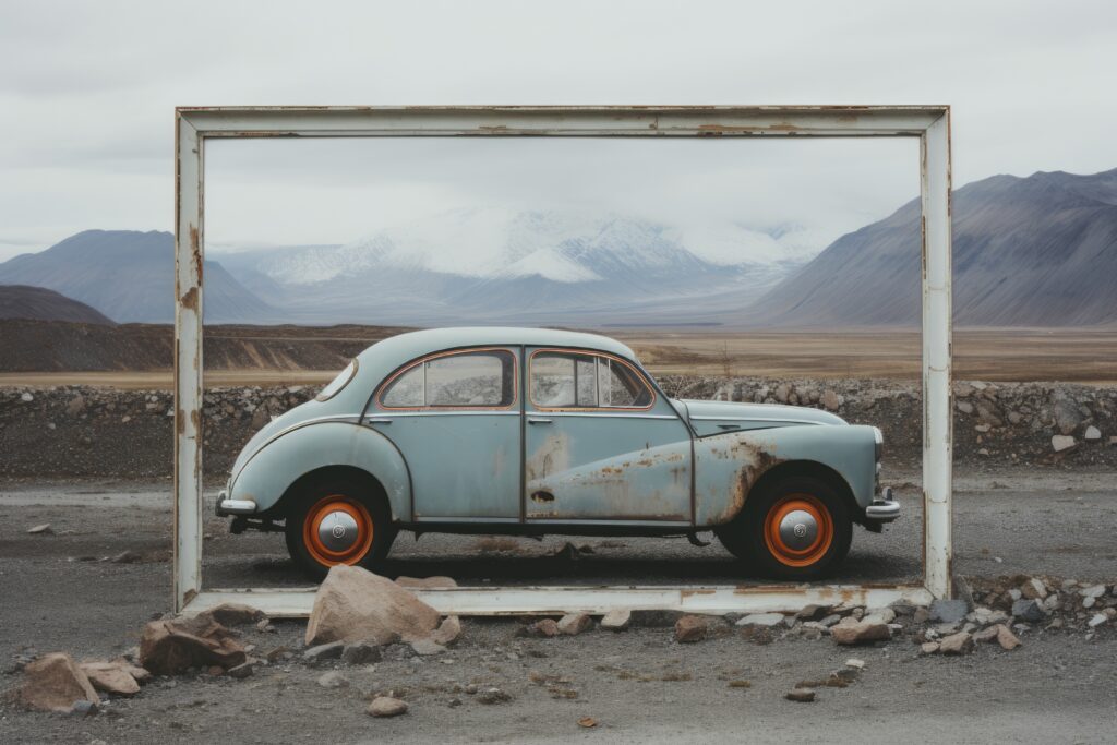 Image of a rusty car framed on a rocky landscape as an example of how to photograph a vehicle for t-shirt printing success