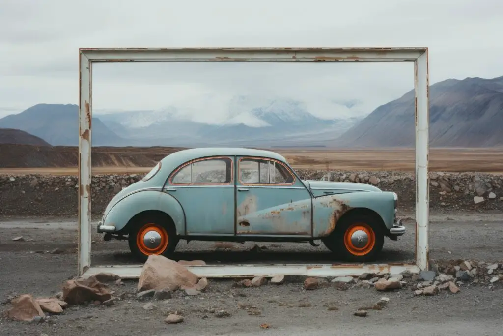 Image of a rusty car framed on a rocky landscape as an example of how to photograph a vehicle for t-shirt printing success