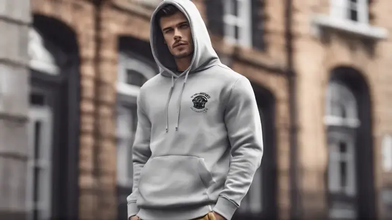 Man wearing grey custom-printed hoodie.