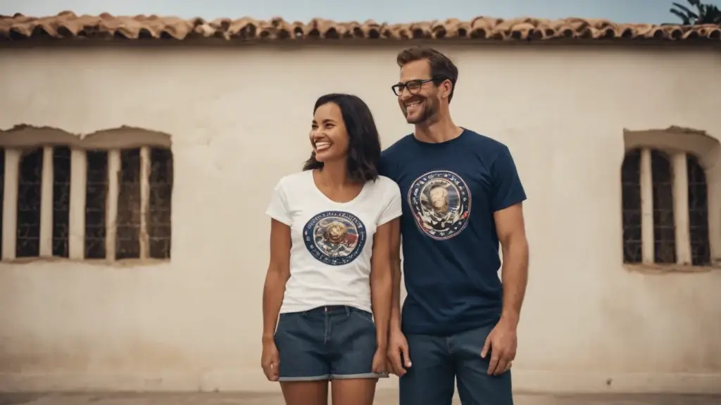 Couple wearing custom printed tee shorts.